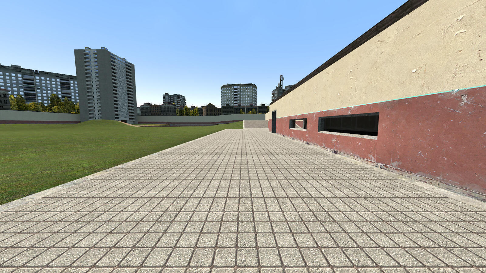 gm_construct im Spiel am Spawnbereich: Weg entlang des Gebäudes mit allen Wänden und Texturen